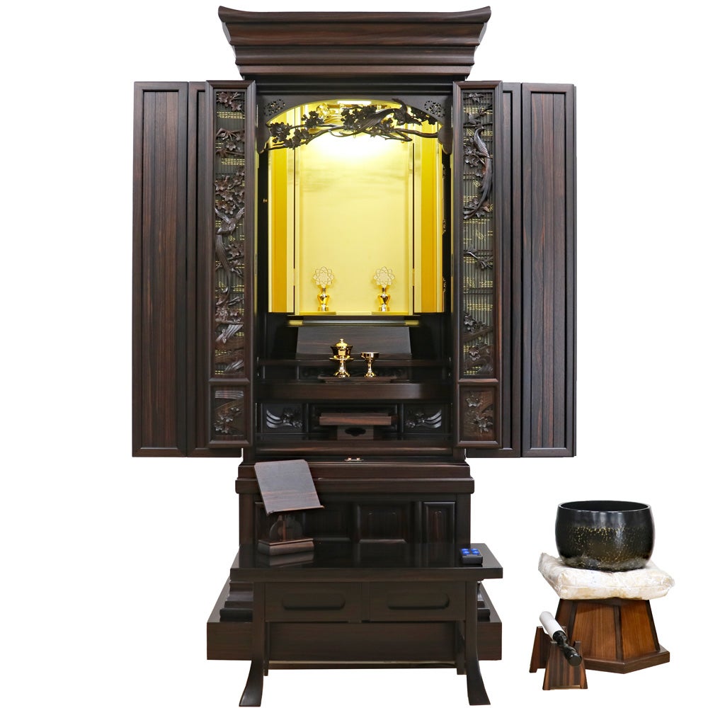 創価学会 厨子型 中古仏壇 1407 「51 本黒檀 尾長鳥」 徳島県産｜仏壇