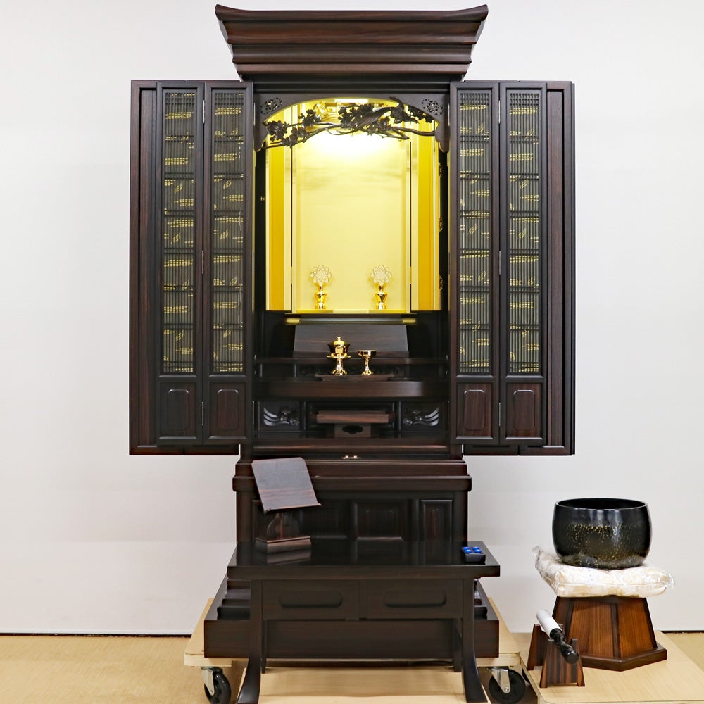創価学会 厨子型 中古仏壇 1407 「51 本黒檀 尾長鳥」 徳島県産｜仏壇