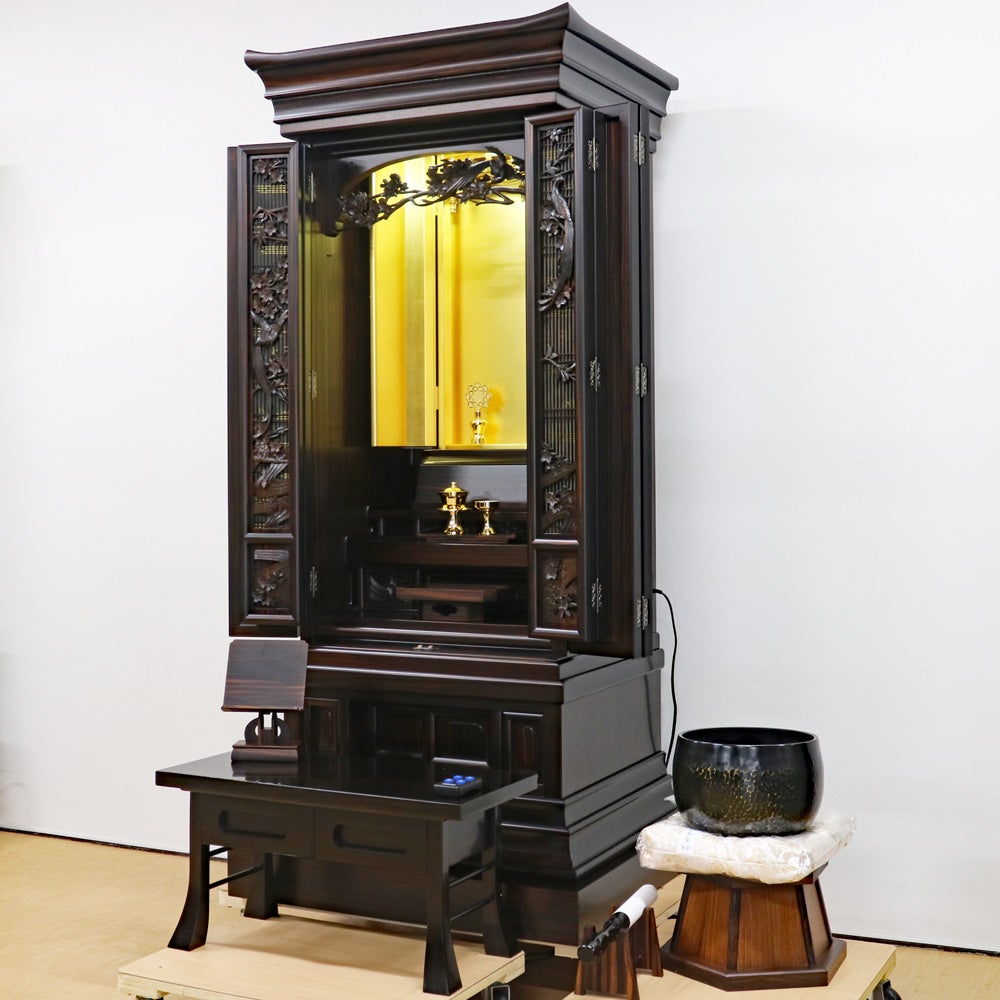 創価学会 厨子型 中古仏壇 1407 「51 本黒檀 尾長鳥」 徳島県産｜仏壇